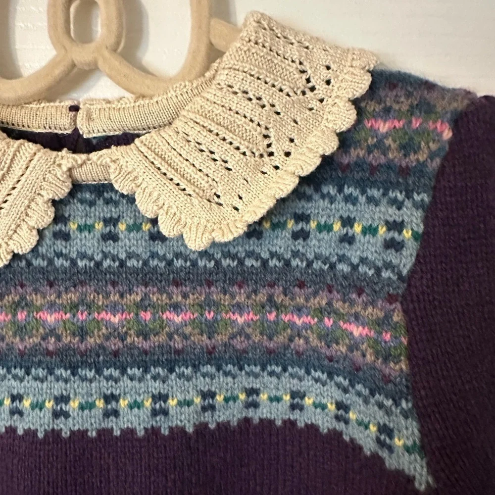 Ralph Lauren Purple Fair Isle Sweater with Cream Lace Collar